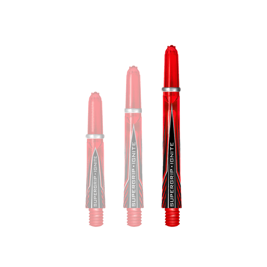 HR385_Harrows_Supergrip_Ignite_Shafts_Rot_47mm_1 Das Bild zeigt drei rote Harrows Supergrip Ignite Shafts in unterschiedlichen Längen. Sie haben silberne Ringe und ein schwarzes Design mit der Aufschrift "SUPERGRIP IGNITE".