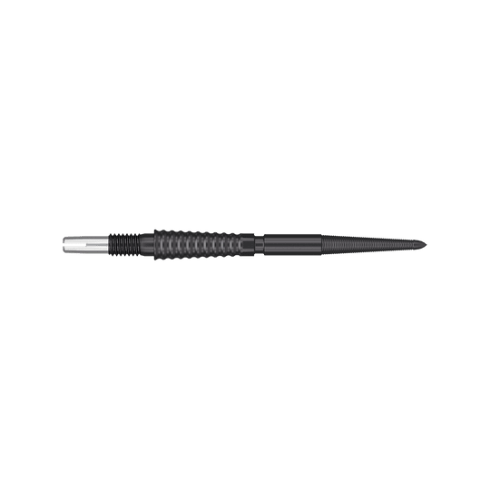 Target Swiss Storm LNC Dartspitzen - Schwarz Das Bild zeigt eine schwarze Dartspitze mit einer geriffelten Oberfläche. Sie ist schlank und etwa 30 mm lang.