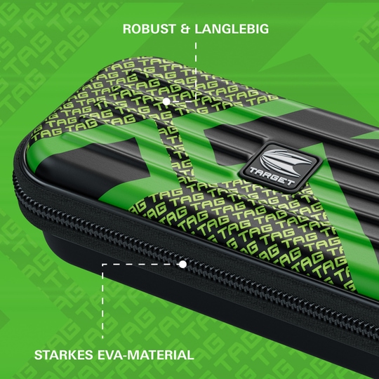 Étui à fléchettes Target Takoma TAG Das Bild zeigt ein robustes Dartcase von Target in grünem Design mit dem Schriftzug "TAG". Die Tasche besteht aus starkem EVA-Material und ist als langlebig beschrieben.