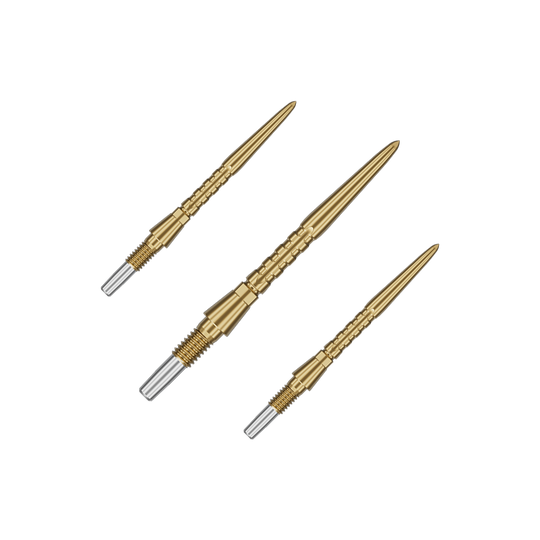 Stalowe groty do rzutek Target Swiss Point Storm Surge – złote Auf dem Bild sind drei goldene Steeldartspitzen zu sehen. Sie haben ein schlankes, geriffeltes Design mit einem silbernen Schraubgewinde am Ende.