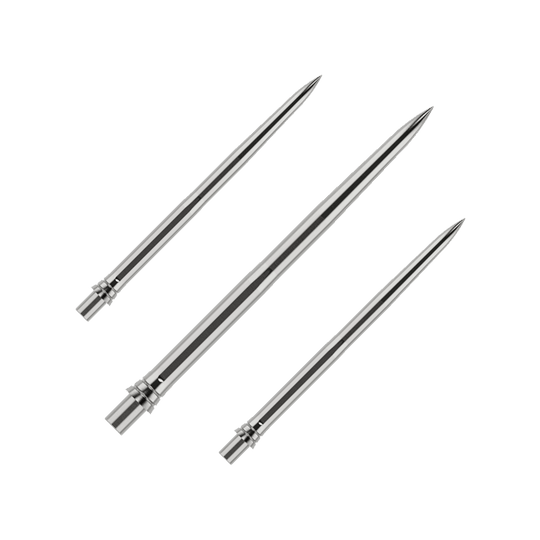 Caliburn EVO dart tips - Smooth - Silver Auf dem Bild sind silberne Dartspitzen in einem Set zu sehen, jeweils 32mm lang. Die Oberfläche der Spitzen ist glatt und sie werden zusammen präsentiert.