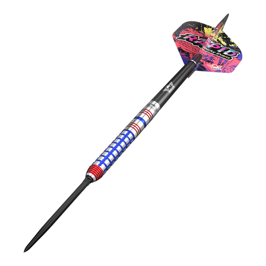 Šipky Bulls NL Ricky Evans Rapid Convertible Point Steel Das Produkt zeigt Bulls NL Ricky Evans Rapid Convertible Point Steeldarts. Die Darts sind auffällig gestaltet.