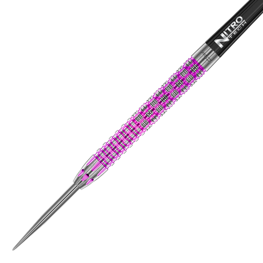 Dardos de acero de Tyrian del Red Dragon Das Bild zeigt einen Red Dragon Tyrian Steeldart mit auffälligen lila und silbernen Mustern. Der Dart hat eine präzise gearbeitete Metallspitze und einen Nitro Tech Schaft.