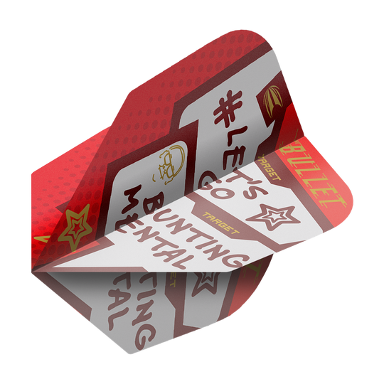 Letky Target Pro Ultra Stephen Bunting Mental No6 - 3 sady Das Bild zeigt ein Set von Target Pro Ultra Stephen Bunting Mental No6 Flights für Dartpfeile. Die Flights sind rot-weiß gestaltet und mit motivierenden Sprüchen und Sternen verziert.