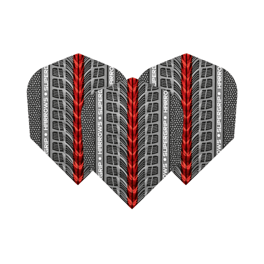 HR77_Harrows_Supergrip_Rot_No6_Flights_1rpgZlp8pPxJVZ Das Bild zeigt die Harrows Supergrip Rot No6 Flights für Darts. Die Flights haben ein graues und rotes Design mit dem Schriftzug "HARROWS SUPERGRIP" an der Seite.