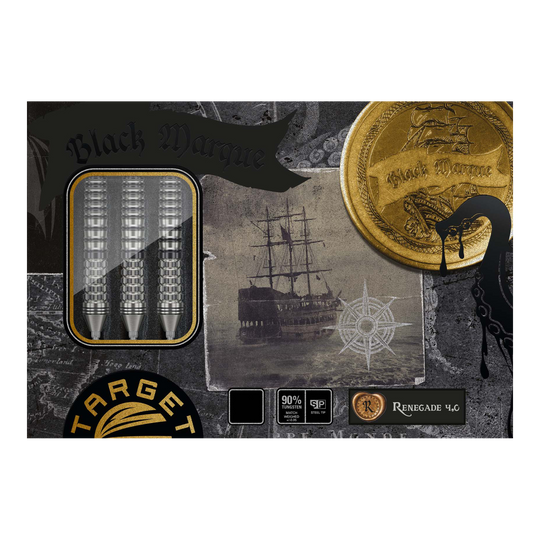 Auf dem Bild sind die "Target Black Marque Renegade 4 Swiss Point Steeldarts" zu sehen. Die Verpackung zeigt drei Darts, ein Schiff und eine goldene Münze mit dem Schriftzug "Black Marque".