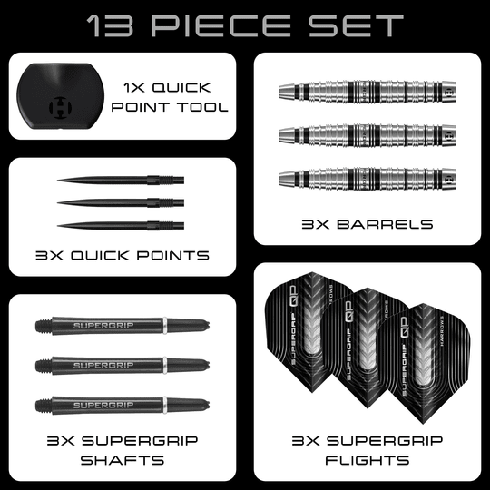 Dardos de acero Harrows Supergrip Torpedo Quick Point Harrows Supergrip Torpedo Quick Point Steeldarts sind auf dem Bild zu sehen. Eine Detailansicht hebt den Produktbereich hervor.
