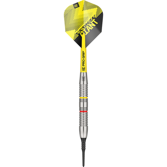 170006_Target_Gabriel_Clemens_Brass_Softdarts_1SOBSzc9ShIOYp Auf dem Bild ist ein Target Gabriel Clemens Brass Softdart mit einem Gewicht von 18g zu sehen. Der Dart hat gelbe und schwarze Akzente und eine silberne Griffzone.