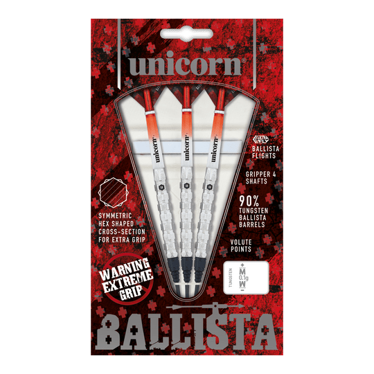 Fléchettes souples Unicorn Ballista Style 1 Das Bild zeigt die Verpackung der "Unicorn Ballista Style 1 Softdarts". In der Packung befinden sich drei Softdarts mit weiß-roten Flights und silbernen Griffen.