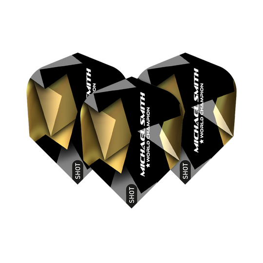 Shot Michael Smith Believe No6 Flights Das Bild zeigt drei schwarze Dart-Flights mit goldenen und silbernen Akzenten. Auf den Flights steht "MICHAEL SMITH ★ WORLD CHAMPION" und unten das Wort "SHOT".