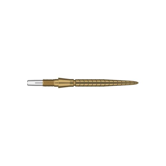 Target Swiss Storm Quartz Dartspitzen - Gold Dies ist eine goldfarbene Dartspitze mit feinen Rillen und Linien. Sie hat ein schlankes, präzises Design und eine silberne Spitze am Ende.