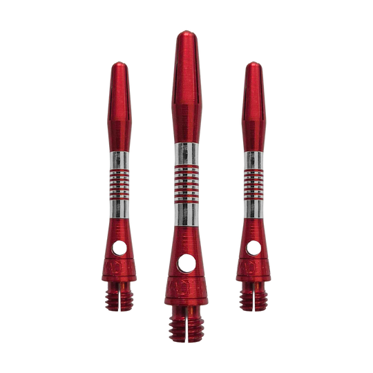 Bulls NL Cetra Aluminium Shafts - Rot Abgebildet ist ein Set roter Aluminium Shafts mit 34 mm Länge. Sie werden wahrscheinlich beim Dartspiel verwendet.