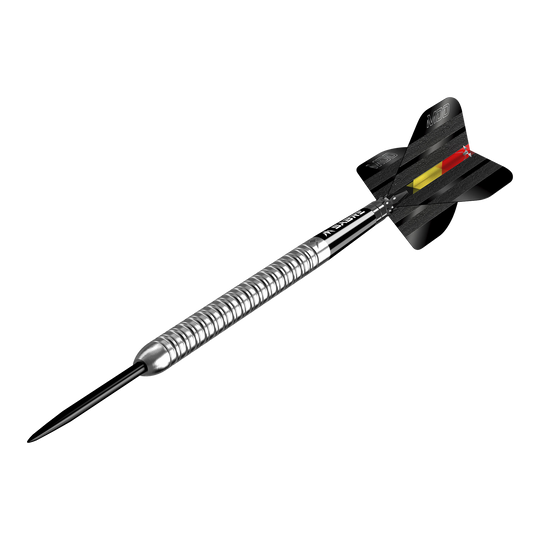 Mission Mike De Decker MDD Silver Steeldarts Das Bild zeigt einen silbernen Steeldart mit dem Namen "Mission Mike De Decker MDD Silver Steeldarts". Der Dartpfeil hat eine schwarze Flugfeder mit einem roten und gelben Streifen.