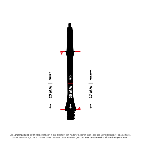 HRC-12602_Harrows_Clic_Slim_Shafts_White_5_30mmCtkZYLWlXpYtz Das Bild zeigt einen schwarzen Harrows Clic Slim Shaft für Darts. Es werden die drei verfügbaren Längen (23 mm, 30 mm und 37 mm) mit Markierungen angezeigt.