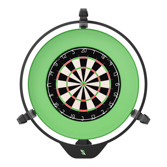 Elektronický systém automatického bodování Scolia Home 2 2026 Das Bild zeigt ein elektronisches Punktesystem für Darts, das Scolia Home 2. Es besteht aus einem Dartboard mit einem leuchtenden grünen Ring rundherum.