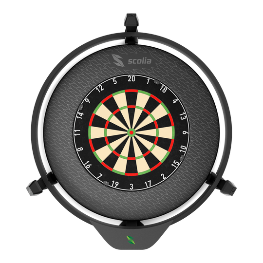 Bordo per bersaglio per freccette Scolia Stealth Scolia Stealth Dartboard Surround ist auf diesem Bild zu sehen. Das Produkt schützt die Wand rund um die Dartscheibe.