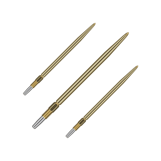 Target Swiss Point Gold Dartspitzen Auf dem Bild sind drei goldene Dartspitzen zu sehen. Sie haben ein geriffeltes silbernes Endstück zur Befestigung.