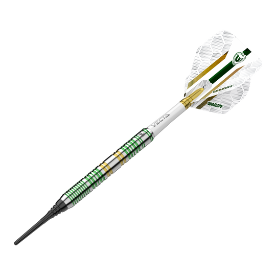 Dardos blandos Winmau Xenon - 20 g Das Bild zeigt den Winmau Xenon Softdart mit einem Gewicht von 20 Gramm. Der Dart hat grüne und goldene Akzente sowie einen weißen Flight mit Winmau-Logo.
