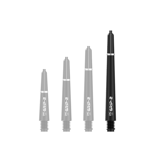 BS55051_Bulls_B-Grip-2_SL_Shafts_Schwarz_48mm_1WZK9xAfj3n7U4 Das Bild zeigt vier schwarze Bulls B-Grip-2 SL Shafts in unterschiedlichen Längen. Sie sind mit einem weißen Schriftzug und silbernen Ringen versehen.