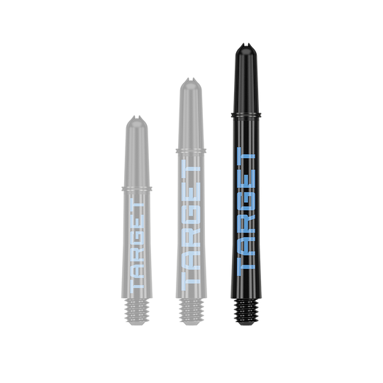 Tiges Target Pro Grip TAG - 3 jeux - Noir et bleu Auf dem Bild sind drei schwarze Dart-Schäfte in verschiedenen Längen zu sehen. Auf jedem Schaft steht das Wort "TARGET" in blauer Schrift.
