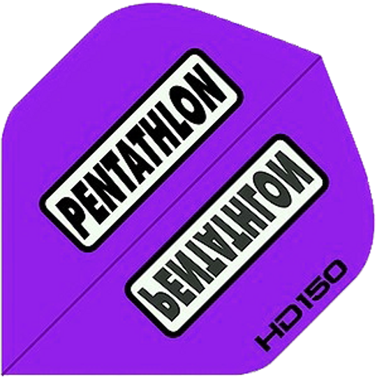 HD20_Pentathlon_HD150_Standard_Flights_Lila_1 Das Bild zeigt ein lilafarbenes Dart-Flight mit der Aufschrift „PENTATHLON“. In der Ecke steht außerdem „HD 150“.