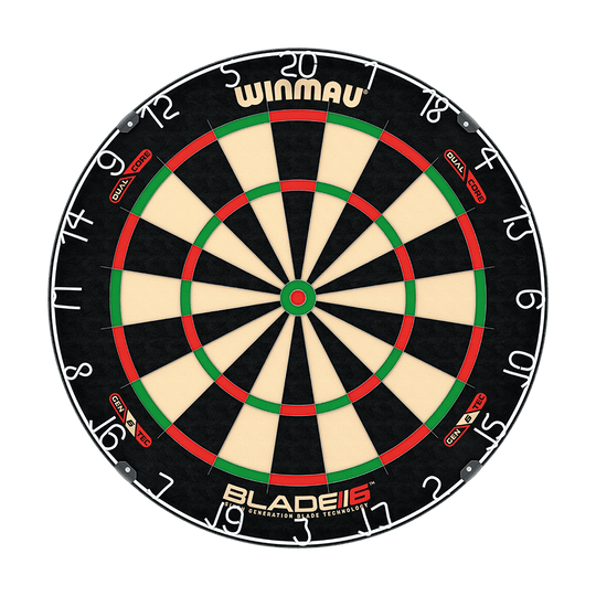 3031_Winmau_Blade_6_DualCore_Steeldartboard_1 Winmau Blade 6 Dualcore Steeldartboard wird frontal dargestellt. Die Zonen und Zahlen sind auffällig.