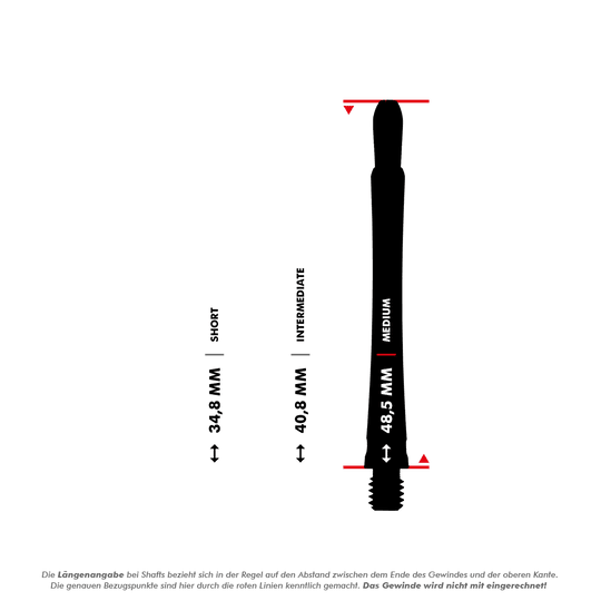 Das Bild zeigt drei verschieden lange Target Grip Style Aluminium Shafts in Rot. Die Längen sind als Short (34,5 mm), Intermediate (42,2 mm) und Medium (48,5 mm) dargestellt.