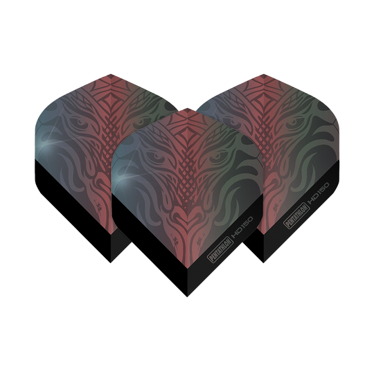 Pentathlon HD150 metalicky šedé standardní letky Das Bild zeigt drei Pentathlon HD150 Metallic Grau Standard Flights für Dartpfeile. Die Flights haben ein auffälliges, mehrfarbiges Muster in Grau und Rot.