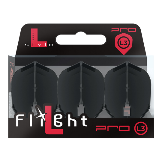 L-Style Champagne L3PRO Shape Flights Auf dem Bild ist eine Verpackung mit drei schwarzen Dart-Flights der Marke L-Style zu sehen. Die Packung trägt die Bezeichnung „L3 PRO“ und ist modern gestaltet.
