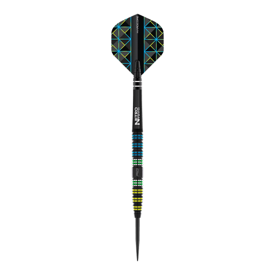 Šipky Red Dragon Dragon 95 černé, zúžené, ocelové Das Bild zeigt einen Red Dragon Dragonfly 95 Black Tapered Steeldart. Der Dart hat ein schwarzes Design mit farbigen Ringen und geometrischen Mustern auf den Flights.