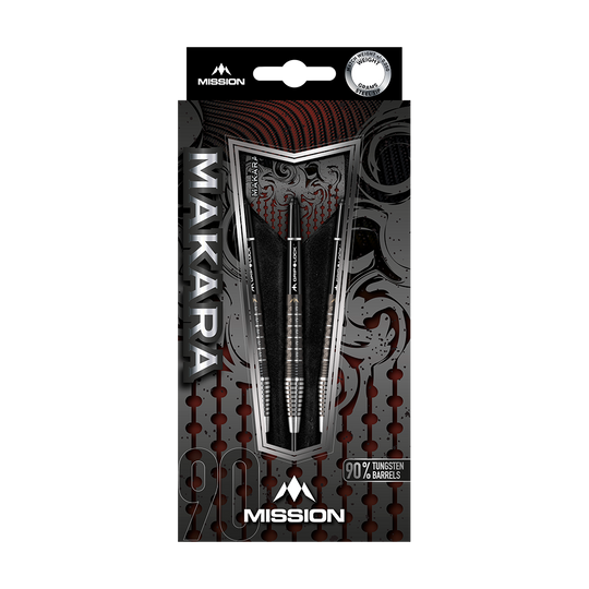 Mission Makara M2 Steeldarts - 23g Das Bild zeigt die Verpackung der Mission Makara M2 Steeldarts mit einem Gewicht von 23 Gramm. Die Darts bestehen zu 90 % aus Tungsten und sind ansprechend gestaltet.