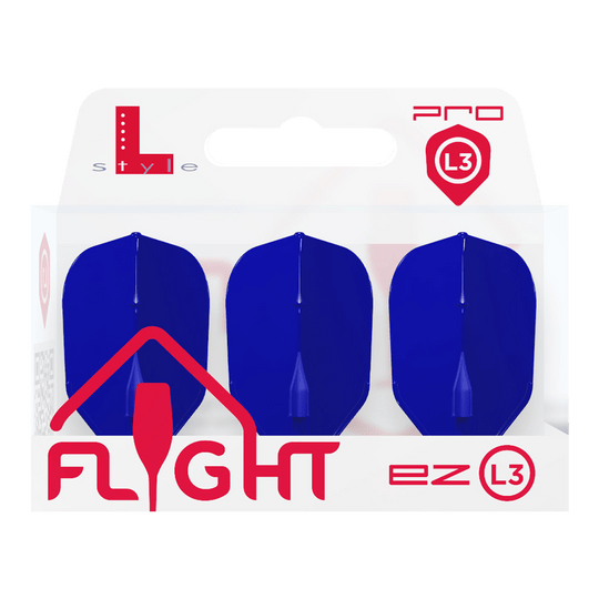 L-Style L3EZ Flights Die Verpackung zeigt drei blaue Dart-Flights der Marke L-Style. Auf der Packung steht "FLIGHT ez L3" in roten Buchstaben.