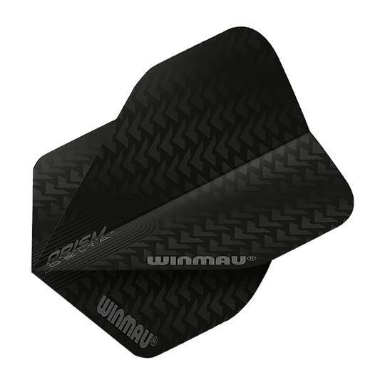 6915-200_Winmau_Prism_Delta_6915-200_Standard_Flights_2 Das Bild zeigt die Winmau Prism Delta 6915.200 Standard-Flights in Schwarz mit einem Pfeilmuster. Auf den Flights ist der Markenname "Winmau" zu sehen.
