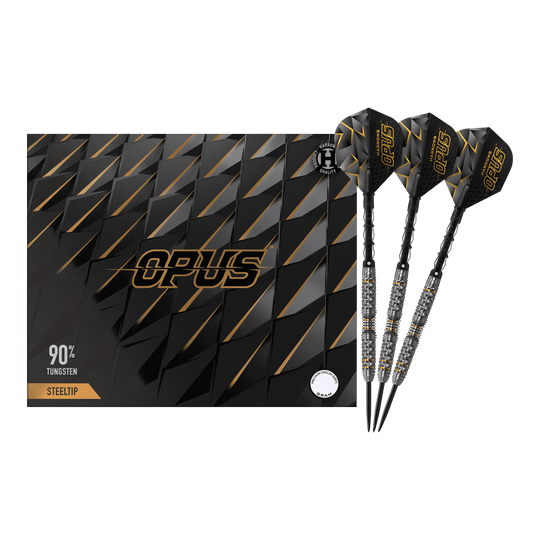 Harrows Opus Steeldarts Das Bild zeigt das Produkt "Harrows Opus Steeldarts" mit einem eleganten schwarzen Design. Drei Steeldarts sind neben der stilvollen Verpackung abgebildet.
