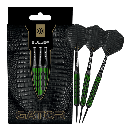 Bullet Gator freccette in ottone e acciaio - 22 g Zu sehen sind die Bullet Gator Brass Steeldarts - 22g in voller Ansicht. Sie sind aus Messing gefertigt und wiegen 22 Gramm.