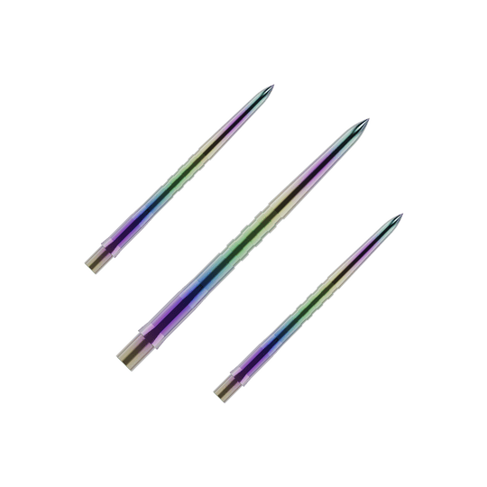 Embouts de fléchettes Mission Caliburn EVO - Rainurés - Corail Das Bild zeigt drei bunte, gerillte Steeldartspitzen nebeneinander. Die Spitzen haben einen schimmernden Farbverlauf in Grün, Blau, Lila und Gelb.