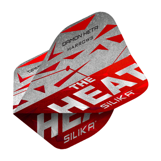 Lety Harrow's Silika Damon Heta Series 3 Das Bild zeigt die Harrows Silika Damon Heta Series 3 Flights. Die Flights sind überwiegend in Rot, Grau und Weiß gestaltet und tragen den Schriftzug "THE HEAT" sowie den Namen "DAMON HETA".
