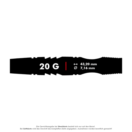 Měkké šipky Winmau Sniper Black - 20g Das Bild zeigt den Winmau Sniper Black Softdart mit einem Gewicht von 20 Gramm. Die Länge beträgt 43,20 mm und der Durchmesser 7,16 mm.