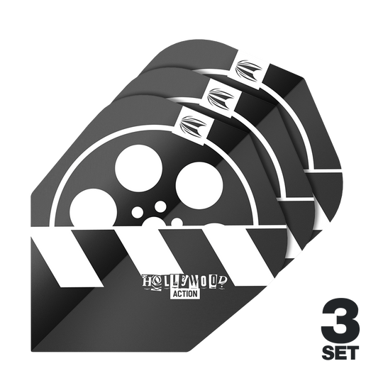 Letky Target Pro Ultra Chris Dobey Hollywood Action č. 6 - 3 sady Das Bild zeigt drei Sets der Target Pro Ultra Chris Dobey Hollywood Action No6 Flights. Die Flights haben ein schwarz-weißes Design mit einem Filmrollen- und Klappenmotiv sowie dem Schriftzug "Hollywood Action".