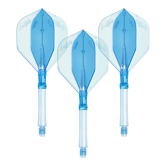 Dargestellt ist ein Set L-Style L-System Flights in klarblau, in der großen Größe 330. Das Produkt ist ein Zubehörteil für Dartpfeile.