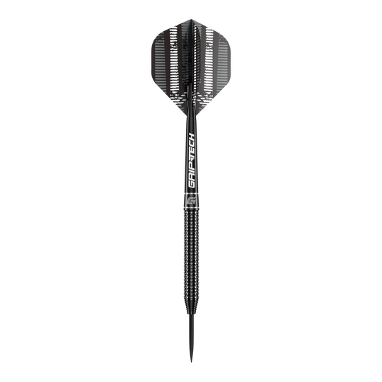Šipky GOAT Sprocket z wolframové oceli Das Bild zeigt einen einzelnen GOAT Sprocket Tungsten Steeldart. Der Dart hat ein modernes, schwarzes Design mit dem Schriftzug "GRIPTECH" auf dem Schaft.