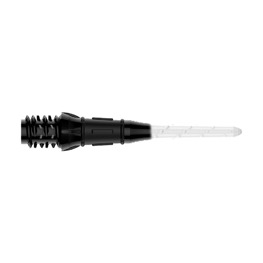 L-Style Premium Bicolore Lippoints (Paquet de 30) Das Bild zeigt eine schwarze und weiße Dartspitze mit einem zweifarbigen Design. Die linke Seite ist schwarz und die rechte Seite ist weiß.