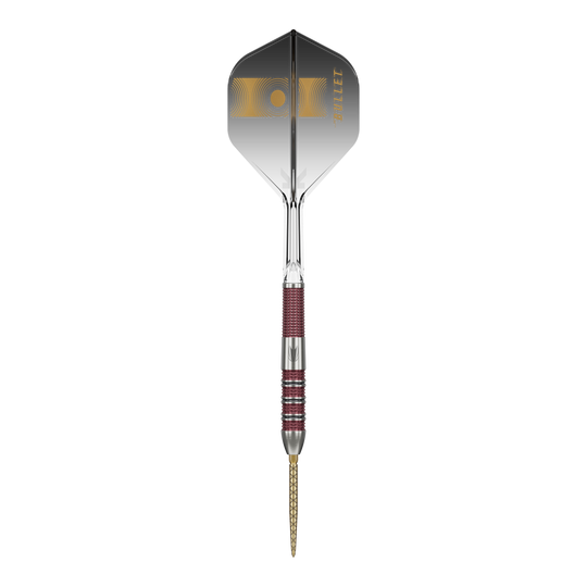Dardos de acero Target Stephen Bunting 95K Swiss Point Das Bild zeigt einen Target Stephen Bunting 95K Swiss Point Steeldart. Der Dart hat ein elegantes Design mit einer Mischung aus silbernen und roten Elementen sowie einer schwarzen Flügel mit goldener Aufschrift.