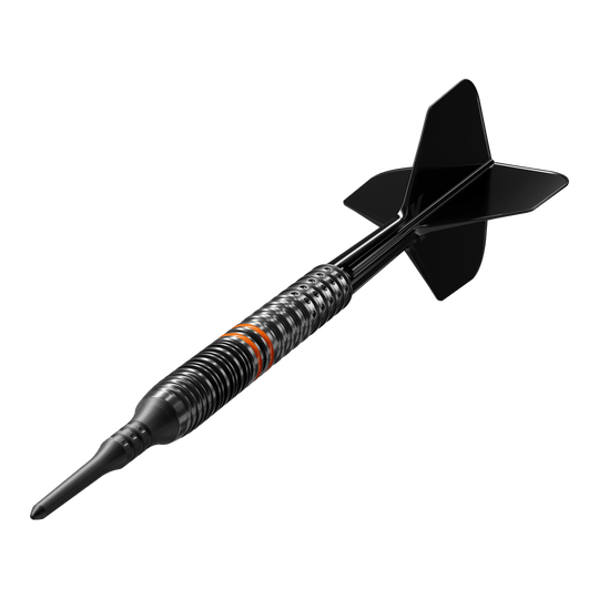 Fléchettes souples Target Japan Black Marque Morpheus GEN2 - 19 g Das Bild zeigt einen schwarzen Softdartpfeil mit einem metallisch geriffelten Barrel und schwarzen Flights. Der Dart hat orangefarbene Akzente und sieht hochwertig und modern aus.