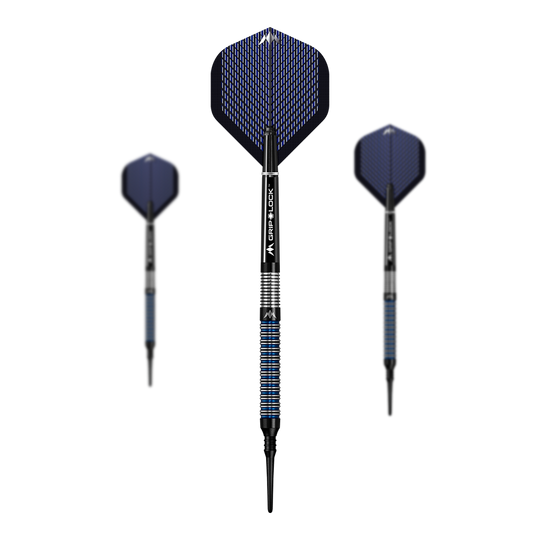 Mission Nightfall Model 1 Softdarts Das Bild zeigt drei Softdarts des Modells "Mission Nightfall Model 1". Die Darts haben schwarze Spitzen, blaue Flügel und einen silber-blau gestreiften Griff.