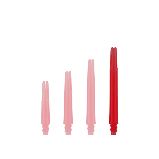 L-L-Style-Shafts Locked Straight - Red Das Bild zeigt vier rote, gerade Dart-Schäfte in unterschiedlichen Längen. Sie sind aufrecht und nebeneinander aufgereiht, ohne Kappen.