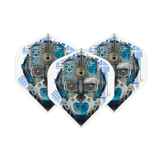 Letenky Berry Van Peer V3 Clear White L1EZ ve stylu L Das Bild zeigt drei Dartflights mit einem futuristischen Roboter-Design in Blau- und Grautönen. Die Flights sind von der Marke L-Style und heißen "Berry Van Peer V3 Clear White L1EZ".