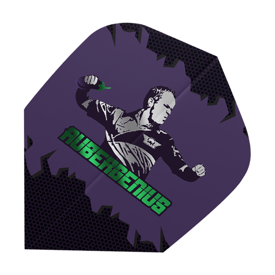 BU50878_Bulls_Powerflite_Dirk_Van_Duijvenbode_Aubergenius_Standard_Flights_1 Das Bild zeigt ein Dartflight mit einem schwarz-weißen Portrait einer Person auf lila Hintergrund. Darunter steht in grüner Schrift das Wort "AUBERGENIUS".