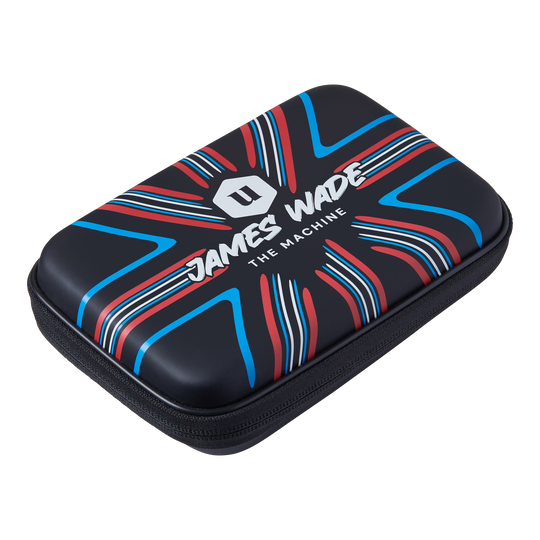 Portafoglio da freccette Unicorn Ultra James Wade Das Bild zeigt ein Dartwallet mit dem Aufdruck "James Wade The Machine". Das Etui ist schwarz mit roten, blauen und weißen Designelementen.