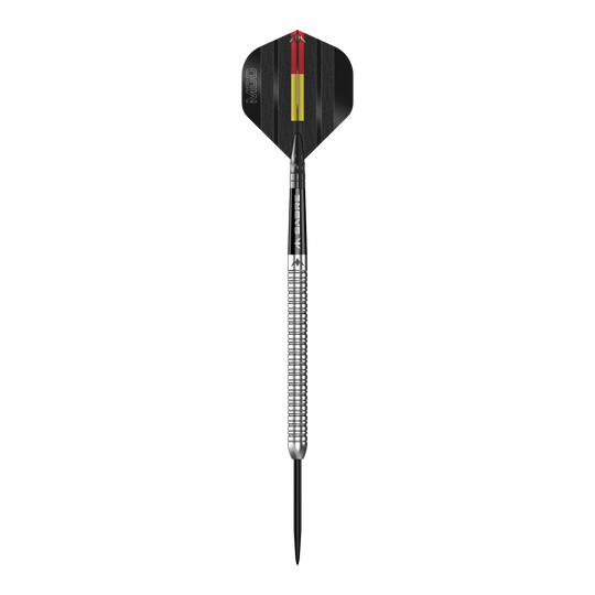 Mission Mike De Decker MDD Silver Steeldarts Das Bild zeigt einen einzelnen silbernen Steeldart namens "Mission Mike De Decker MDD Silver Steeldarts". Der Dart hat ein schwarz-gelbes Flight-Design und eine geriffelte silberne Barrel.